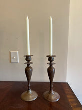 Load image into Gallery viewer, Turned Metal Candlesticks – Pair of Classic Taper Candle Holders (12.5” Tall)

