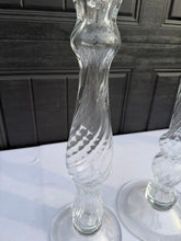 Load image into Gallery viewer, Tall Clear Glass Candlesticks Pair Hand Blown Style Twisted Stem Floor or Table Decor

