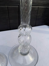 Load image into Gallery viewer, Tall Clear Glass Candlesticks Pair Hand Blown Style Twisted Stem Floor or Table Decor
