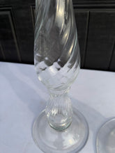 Load image into Gallery viewer, Tall Clear Glass Candlesticks Pair Hand Blown Style Twisted Stem Floor or Table Decor
