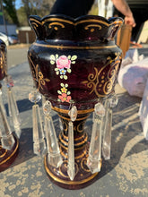 Load image into Gallery viewer, Pair of Amethyst Glass Lustre Candlesticks Bohemian Style 13 Inch
