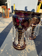 Load image into Gallery viewer, Pair of Amethyst Glass Lustre Candlesticks Bohemian Style 13 Inch
