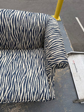 Load image into Gallery viewer, Designer Upholstered Sofa in Blue &amp; Ivory Abstract Pattern
