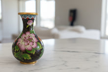 Load image into Gallery viewer, 5" Tall Chinese Cloisonne Vase Black Ground Floral Design Brass Rim
