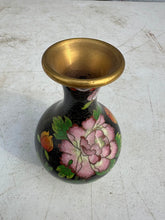 Load image into Gallery viewer, 5" Tall Chinese Cloisonne Vase Black Ground Floral Design Brass Rim
