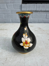 Load image into Gallery viewer, 5" Tall Chinese Cloisonne Vase Black Ground Floral Design Brass Rim
