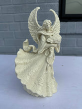 Load image into Gallery viewer, Palm Tree Guardian Angel Figurine Holding Flowers Ivory Tone 9 Inch
