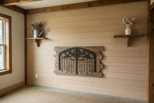 Load image into Gallery viewer, Rustic Wrought Iron Wall Decor Scrollwork Panel on Reclaimed Wood Backing
