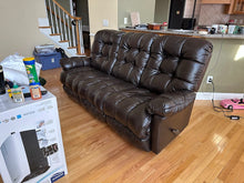 Load image into Gallery viewer, La-Z-Boy Tufted Brown Leather Manual Reclining Sofa
