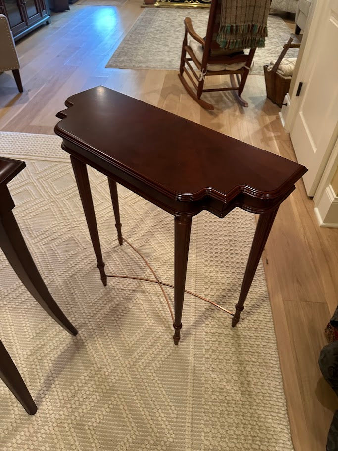 Bombay Company Mahogany Console Table with Scalloped Top and Metal Leg Supports