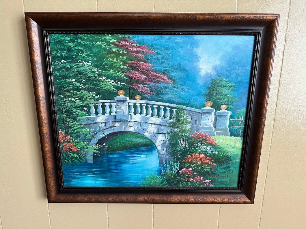 Original Oil Painting by W. Hodges – Stone Garden Bridge Scene – 28