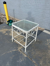 Load image into Gallery viewer, White Metal Side Table with Textured Glass Top Scroll Base
