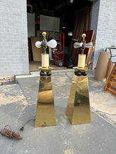 Load image into Gallery viewer, Pair Postmodern Brass Table Lamps Geometric Pedestal Base 1980s

