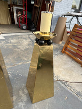 Load image into Gallery viewer, Pair Postmodern Brass Table Lamps Geometric Pedestal Base 1980s
