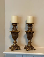 Load image into Gallery viewer, Pair Gold Tone Ornate Candle Holders Traditional Tabletop Pillar Candlesticks
