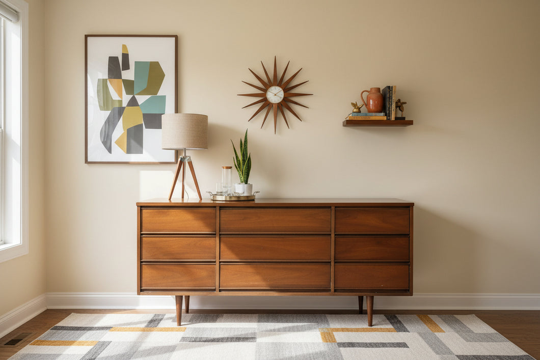 Mid Century Modern Dixie Walnut Triple Dresser with Tapered Legs