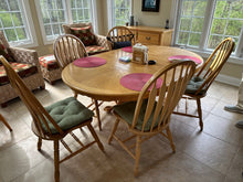 Load image into Gallery viewer, Solid Oak Pedestal Dining Table Set with Leaf and Windsor Chairs
