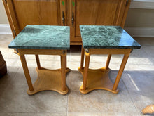 Load image into Gallery viewer, Green Marble Top Side Tables Pair Oak Base Plant Tables
