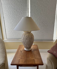 Load image into Gallery viewer, Art Deco Style Table Lamp Carved Leaf Motif Ceramic Urn Base Neutral Shade
