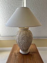 Load image into Gallery viewer, Art Deco Style Table Lamp Carved Leaf Motif Ceramic Urn Base Neutral Shade

