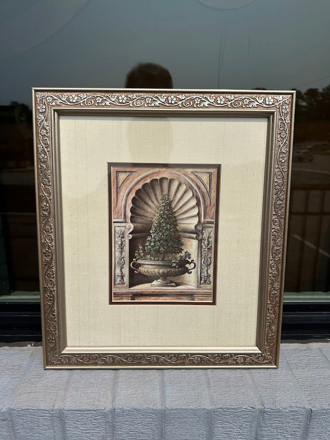 Framed Topiary Wall Art – Classical Arch & Urn Print with Ornate Gold Frame