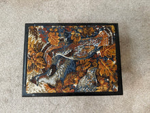 Load image into Gallery viewer, Vintage Hunting Bird Upholstered Footstool Black Wood Needlepoint Ottoman
