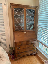 Load image into Gallery viewer, Ethan Allen Early American Secretary Desk Bookcase with Metal Fretwork Glass Doors
