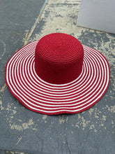Load image into Gallery viewer, Cruise Club Red &amp; White Striped Wide Brim Sun Hat – 100% Paper – 16.25” Round Interior$5	6/12	6/14 (Copy)
