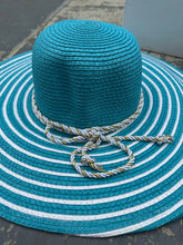 Load image into Gallery viewer, Cruise Club Wide Brim Turquoise &amp; White Sun Hat – 17.5&quot;
