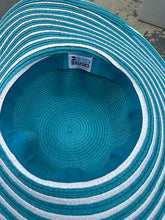 Load image into Gallery viewer, Cruise Club Wide Brim Turquoise &amp; White Sun Hat – 17.5&quot;
