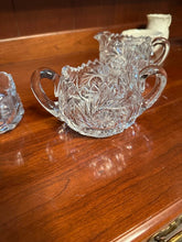 Load image into Gallery viewer, Vintage Cut Crystal Creamer Sugar Bowl Set Starburst Pattern

