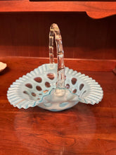 Load image into Gallery viewer, Vintage Fenton Blue Opalescent Hobnail Basket Ruffled Glass Handle
