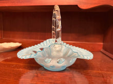 Load image into Gallery viewer, Vintage Fenton Blue Opalescent Hobnail Basket Ruffled Glass Handle
