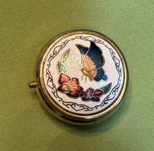 Load image into Gallery viewer, Vintage Cloisonne Pill Box Butterfly Floral Trinket Case Brass Tone
