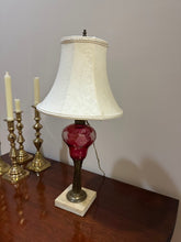 Load image into Gallery viewer, Cranberry Cut to Clear Glass Table Lamp Marble Base Floral Grape Motif
