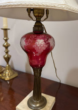 Load image into Gallery viewer, Cranberry Cut to Clear Glass Table Lamp Marble Base Floral Grape Motif
