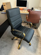 Load image into Gallery viewer, Whitney Ergonomic Upholstered Mid-Back Swivel Office Chair in Black with Gold Base
