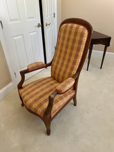 Load image into Gallery viewer, French Provincial Walnut Wingback Armchair with Plaid Upholstery
