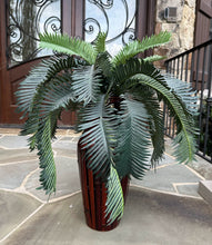 Load image into Gallery viewer, Tropical Palm in Red Bamboo Vase – 29” Faux Plant in Sculpted Wood Accent Planter
