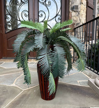 Load image into Gallery viewer, Tropical Palm in Red Bamboo Vase – 29” Faux Plant in Sculpted Wood Accent Planter

