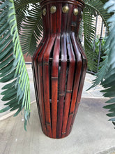 Load image into Gallery viewer, Tropical Palm in Red Bamboo Vase – 29” Faux Plant in Sculpted Wood Accent Planter
