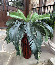 Load image into Gallery viewer, Tropical Palm in Red Bamboo Vase – 29” Faux Plant in Sculpted Wood Accent Planter
