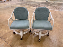Load image into Gallery viewer, Pair Vintage Rattan Swivel Rolling Dining Chairs White Sage Green Cushions
