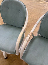 Load image into Gallery viewer, Pair Vintage Rattan Swivel Rolling Dining Chairs White Sage Green Cushions
