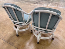 Load image into Gallery viewer, Pair Vintage Rattan Swivel Rolling Dining Chairs White Sage Green Cushions
