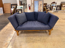 Load image into Gallery viewer, Wood Frame Outdoor Sofa with Navy Cushions and Dual Pull-Out Side Tables
