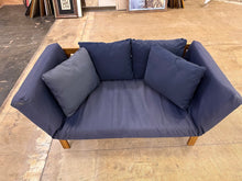 Load image into Gallery viewer, Wood Frame Outdoor Sofa with Navy Cushions and Dual Pull-Out Side Tables
