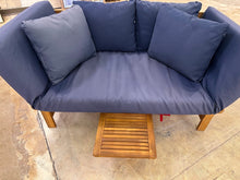Load image into Gallery viewer, Wood Frame Outdoor Sofa with Navy Cushions and Dual Pull-Out Side Tables
