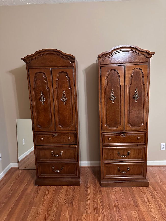 Pair of Thomasville Burled Cabinets with Pull-Out Tables