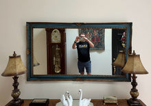 Load image into Gallery viewer, Large Rubbed Blue and Gold Wall Mirror – Elegant Distressed Finish
